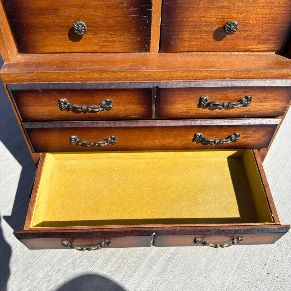 Vintage Made in Japan Wood Jewelry Armoire Spindle Door Tabletop Chest 11 Drawer